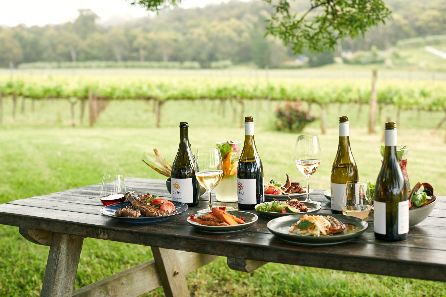 Selection of wine and food at Tucks on an outdoor picnic table with vineyards in the distance.